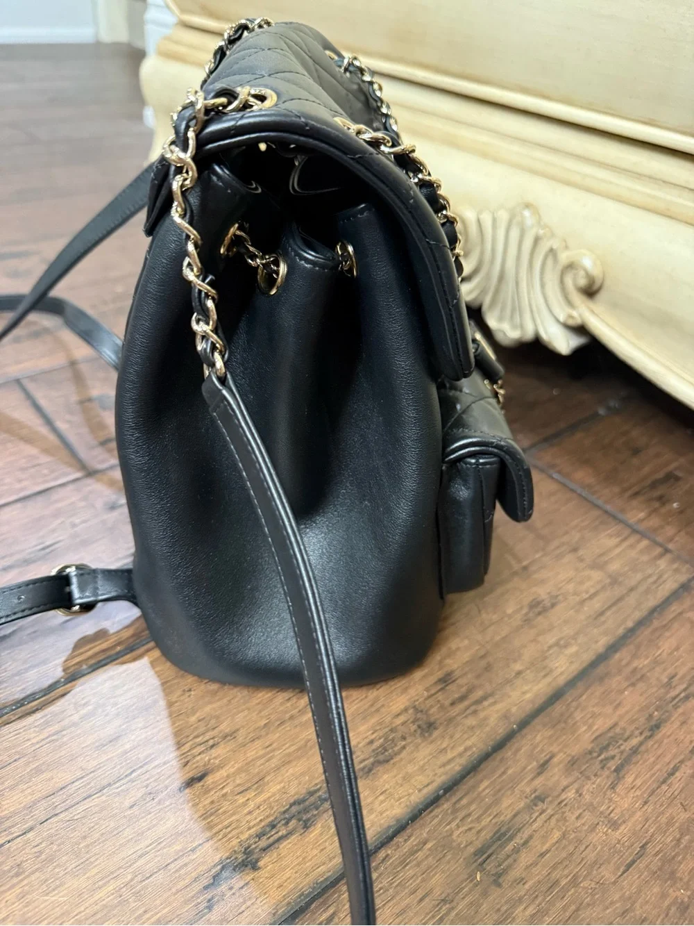 Black Quilted Leather Backpack in with Gold hardware